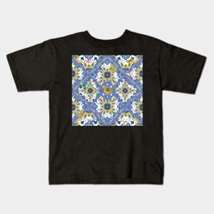 Mediterranean blue tiles, amalfi flowers and butterflies Kids T-Shirt